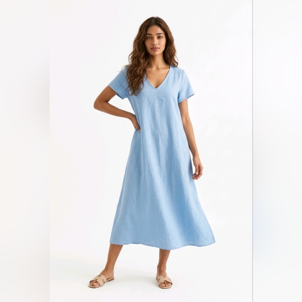 Light Blue V-Neck Short Sleeve Maxi Dress — Women's Casual Vacation Size Medium